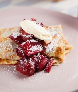 Crepes with Roasted Strawberries and Rhubarb