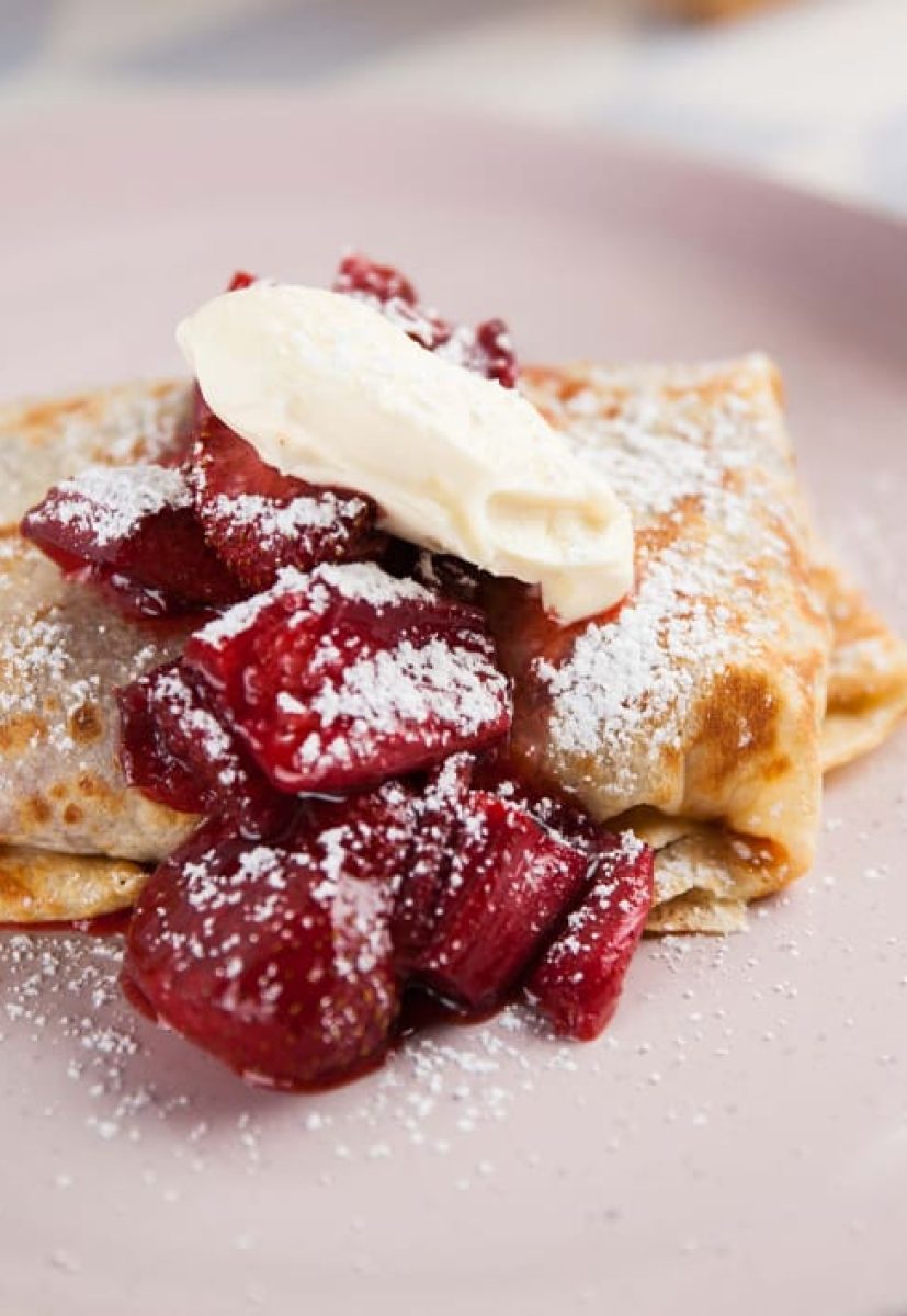 Crepes with Roasted Strawberries and Rhubarb