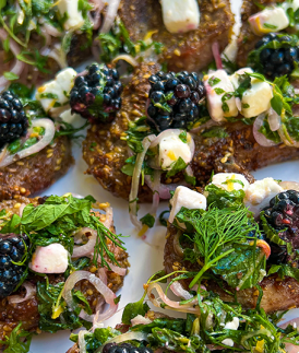 Dukkah Crusted Lamb Racks with a Blackberry Feta Salsa